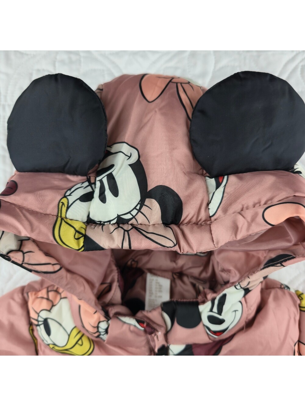 H&M Disney Minnie Mouse Daisy Duck Puffer Jacket dusty/Pink Hood Ears Size12-18M - Picture 5 of 7